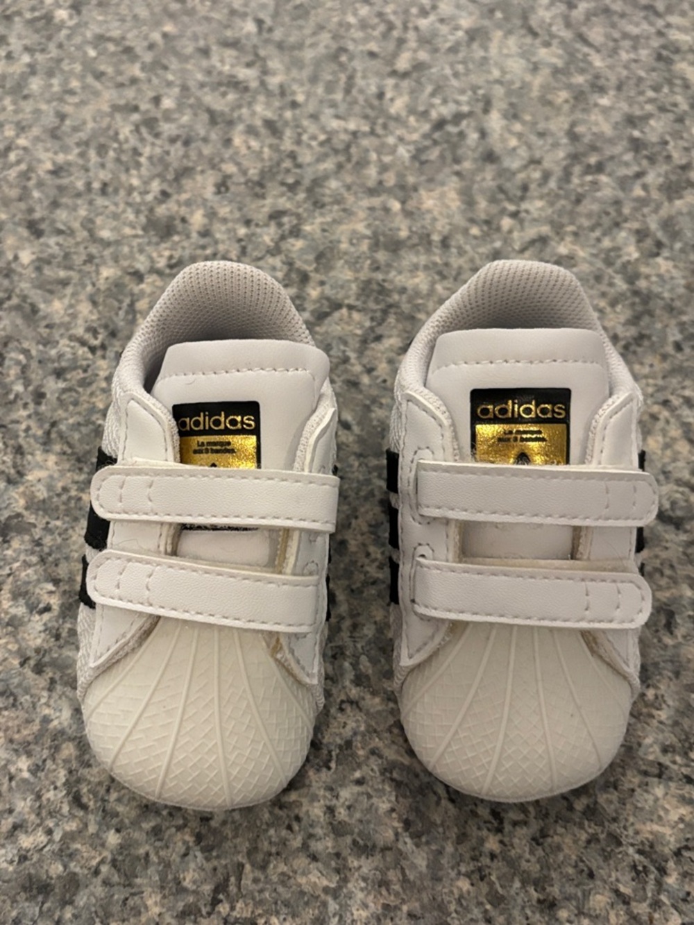 adidas White & Black Kids Velcro Superstar Sneakers with Gold Logo